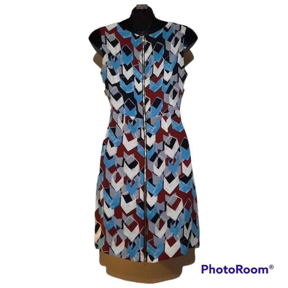 DVF Silk Geometric Print Dress Blue Cube Sheath Diane Von Furstenberg Sz 2 XS S - Picture 4 of 8